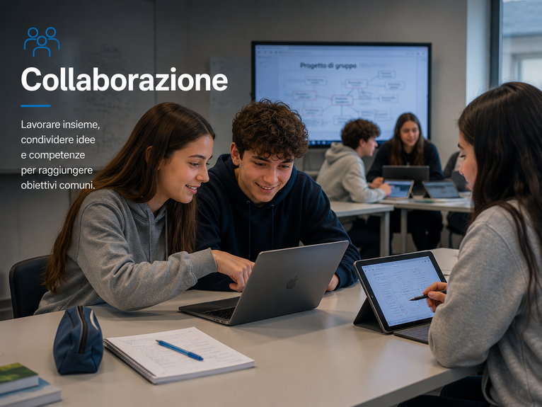 Collaborazione: studenti lavorano insieme con laptop e tablet.