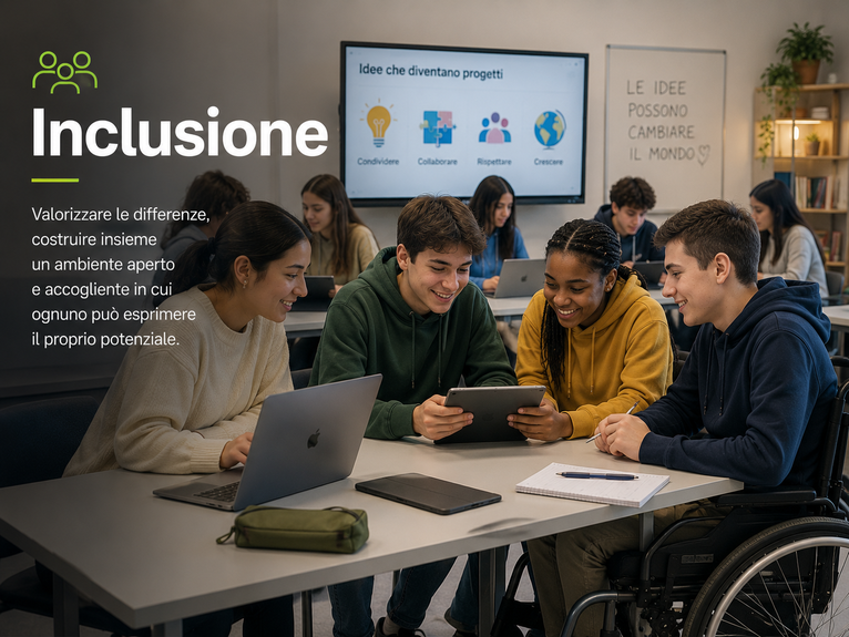 Inclusione: gruppo di studenti lavora insieme in un ambiente aperto e accessibile.