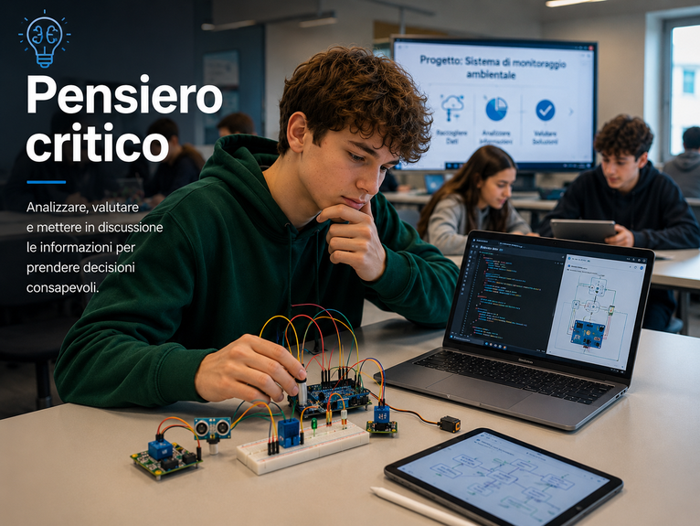 Pensiero critico: studente analizza un progetto con componenti elettronici e laptop.